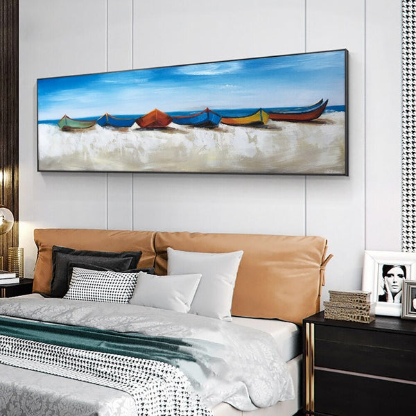 Sail Beyond Colorful Boats Painting, Blue Sky and Seaside Modern Wall Art, Original Handmade Oil Painting | Home Decor