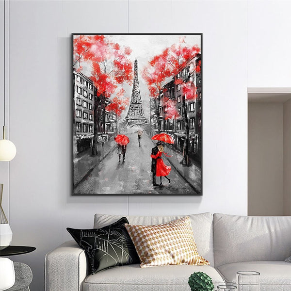 Eiffel Tower Paris Europe Painting, People in the Rain with Red Umbrella Modern Wall Art, Abstract Painting Hand Painted Oil Painting