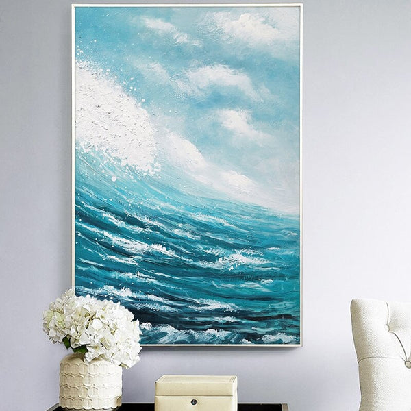 Large Abstract Blue Sea Waves Painting, Blue Sky and Sea Modern Wall Art, Original Handmade Oil Painting for Living Room Home Decor