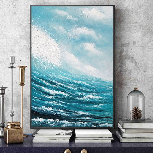 Large Abstract Blue Sea Waves Painting, Blue Sky and Sea Modern Wall Art, Original Handmade Oil Painting for Living Room Home Decor