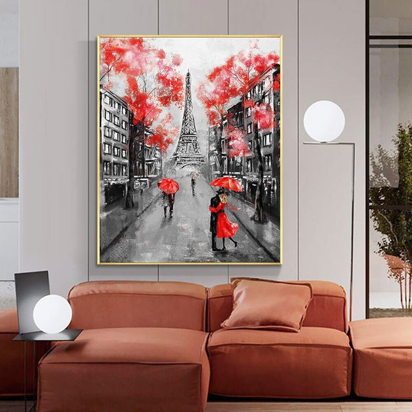 Eiffel Tower Paris Europe Painting, People in the Rain with Red Umbrella Modern Wall Art, Abstract Painting Hand Painted Oil Painting by Accent Collection