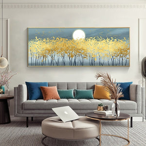 Abstract Gold Landscape Painting, Gold Trees Forest Modern Acrylic Wall Art, Original Hand Painted Oil Painting for Living Room Decor