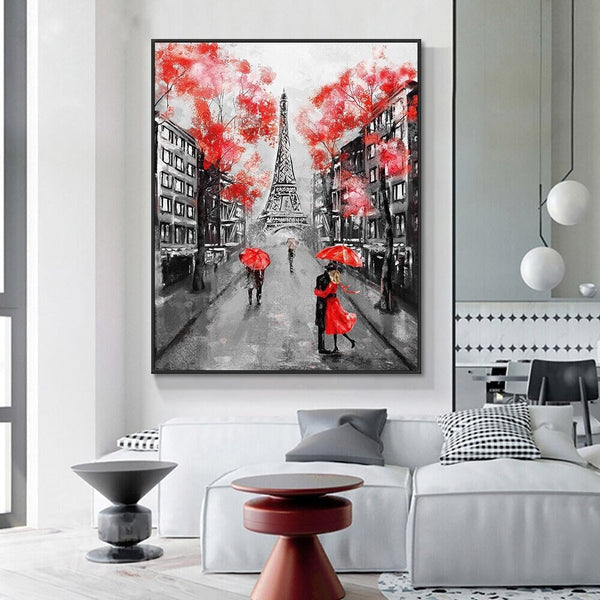 Eiffel Tower Paris Europe Painting, People in the Rain with Red Umbrella Modern Wall Art, Abstract Painting Hand Painted Oil Painting