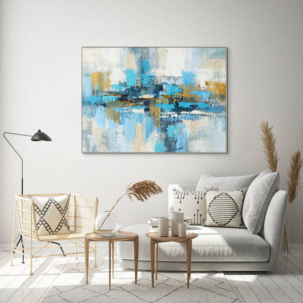Canvas Painting Blue with Golden Hue | Living Room Wall Art | Abstract Wall Painting | Random Strokes | Large Wall Art | Oil Painting