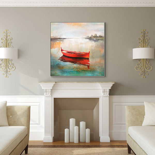 Boat Art - Handmade Abstract Lake Scene, Textured Canvas Painting for Modern Living Space or Office Wall Decor by Accent Collection