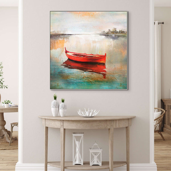 Boat Art - Handmade Abstract Lake Scene, Textured Canvas Painting for Modern Living Space or Office Wall Decor by Accent Collection