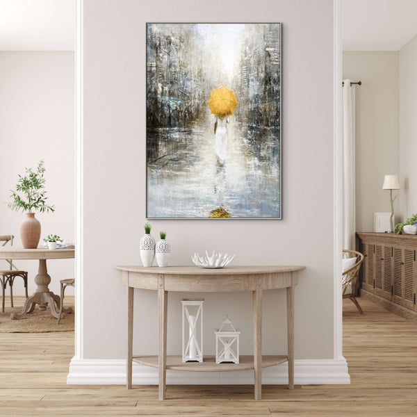 Lost in the City, Large Painting of Girl in Rain, Abstract Painting, Original Art, Oil Painting for Living Room, Oversized Wall Art, Yellow by Accent Collection