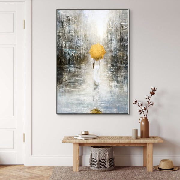 Lost in the City, Large Painting of Girl in Rain, Abstract Painting, Original Art, Oil Painting for Living Room, Oversized Wall Art, Yellow by Accent Collection