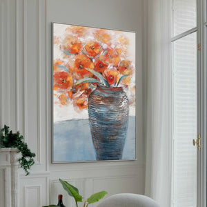 Floral Wall Art Canvas Oil Painting Flower Pot Painting Orange Decor Original Wall Art Living Room Abstract Wall Art Housewarming Gift