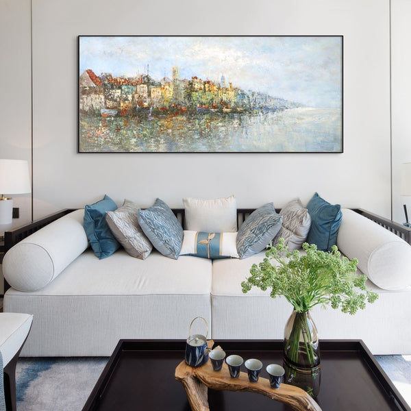Lake Painting Cityscape Canvas Art, Abstract City Landscape on Framed Canvas, Contemporary Wall Art, Unique Housewarming Gift by Accent Collection