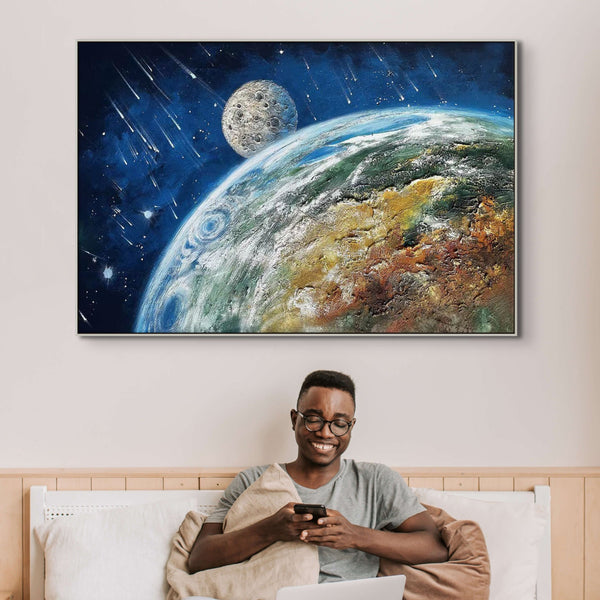 Earth and Moon Painting - Extra Large Textured Canvas Art, Hand-Painted Impasto Space Artwork for Modern Home Decor, Unique Astronomy Gift by Accent Collection