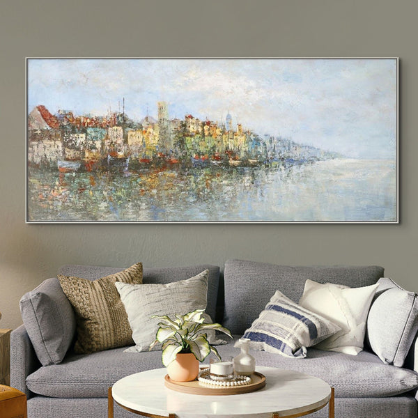 City on Lake Abstract Painting On Canvas Abstract Wall Art Original Painting Town Ocean Large Wall Art