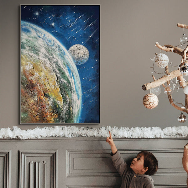 Earth and Moon Painting - Extra Large Textured Canvas Art, Hand-Painted Impasto Space Artwork for Modern Home Decor, Unique Astronomy Gift by Accent Collection