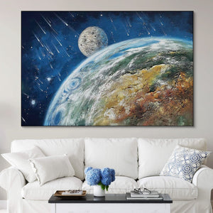 Earth and Moon Space Painting on Canvas Extra Large Wall Art Thick Textured Art Space Painting
