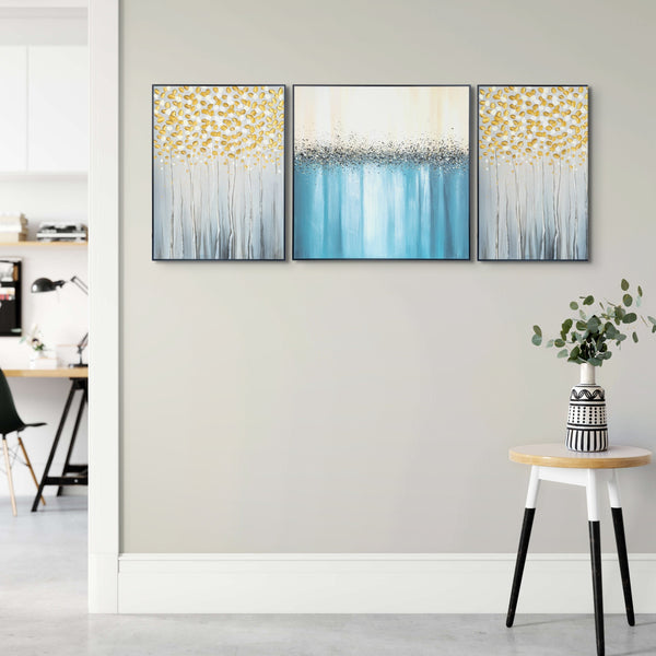 Blue & Gold Abstract Floral Trio Canvas, Textured Boho Wall Art Set For Elegant Decor by Accent Collection