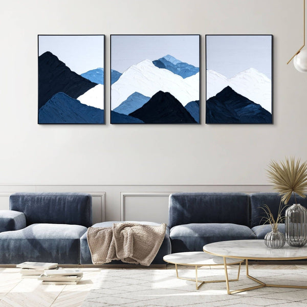Extra Large Snow Mountain Peaks 3 Pc Canvas - Realistic Thick-Textured Painting, Blue & White Scenic Art for Living Spaces by Accent Collection