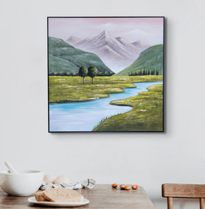 Majestic Mountain Creek Impasto Canvas - 3D Textured Wood Framed Landscape Art In Lush Green, White, Blue, And Black by Accent Collection