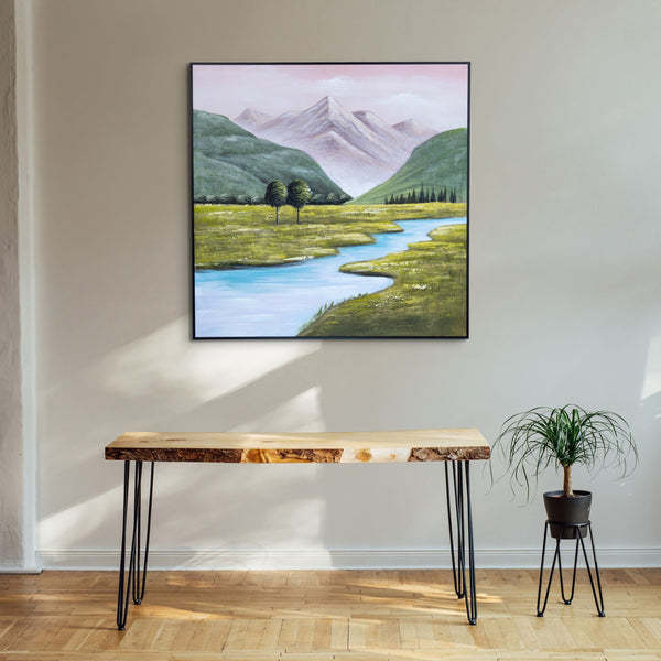 Majestic Mountain Creek Impasto Canvas - 3D Textured Wood Framed Landscape Art In Lush Green, White, Blue, And Black by Accent Collection