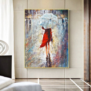 Swag, Accent Painting, Abstract Painting Girl in Red Dress On a Rainy Day, Oil Painting On Canvas, Modern Textured Wall Art, Wall Decor
