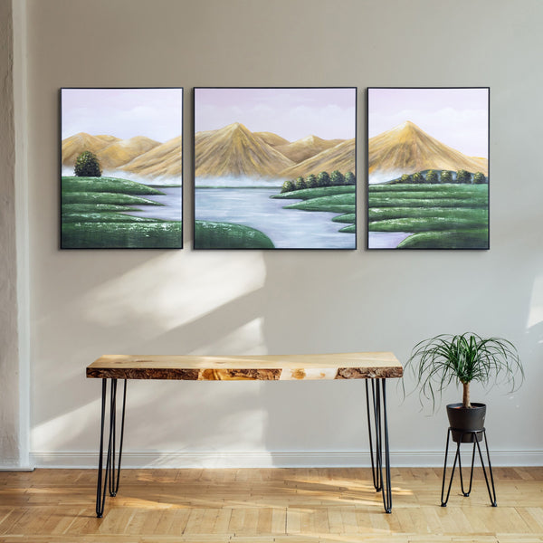 Majestic Mountain Canvas Trio: Large Yellow, Green & White Scenery Art, Wood Framed For Living & Office Spaces by Accent Collection