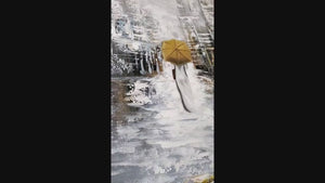 Lost in the City, Large Painting of Girl in Rain, Abstract Painting, Original Art, Oil Painting for Living Room, Oversized Wall Art, Yellow