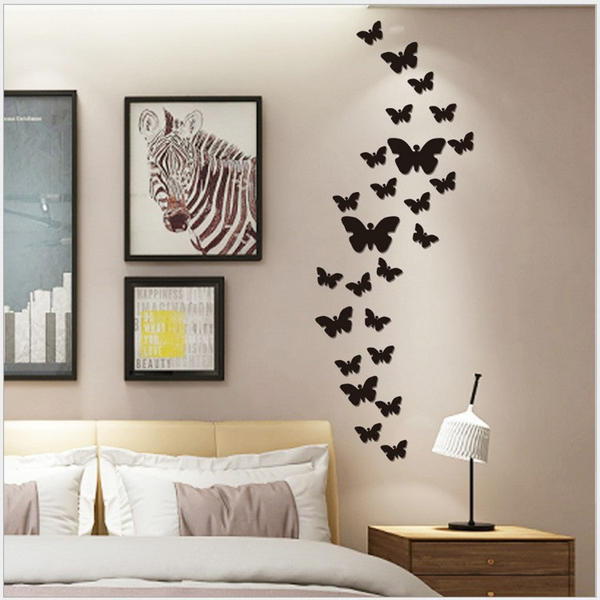 30 pcs DIY Acrylic Butterfly Mirror Wall Stickers for Home Decor 30pcs (2L+3M+25S) / Black by Accent Collection Home Decor