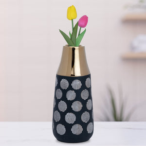 Black Ceramic Vase with Abstract Pattern and Golden Rim, Large 2 Pc Set (S L) by Accent Collection Home Decor