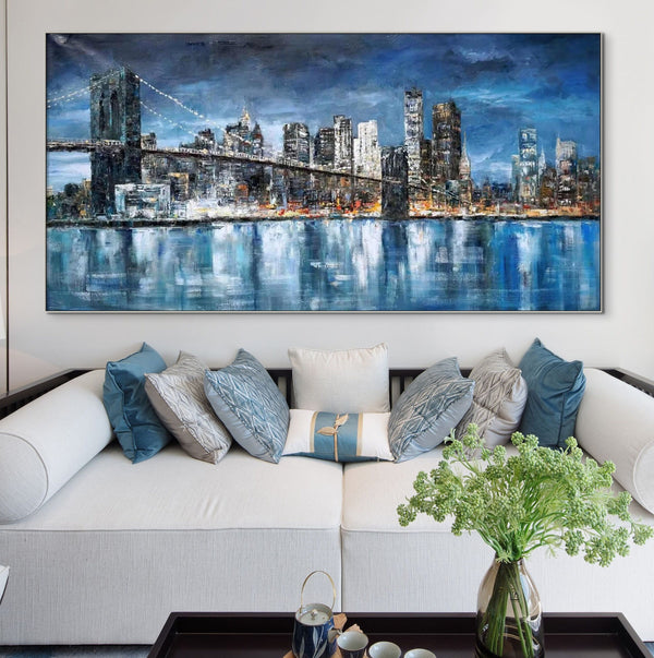 Manhattan, Painting On Canvas, Abstract Painting, New York Painting, Cityscape, Urban Painting, Living Room Wall Art, Blue City Painting by Accent Collection Home Decor