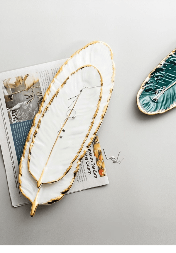 2 Pcs Ceramic Decorative Trays, Jewelry Tray, Dish Plates Snacks Feather Tabletop Home Kitchen, Vanity, Party Decor Ornament Organizer Pair of White by Accent Collection Home Decor